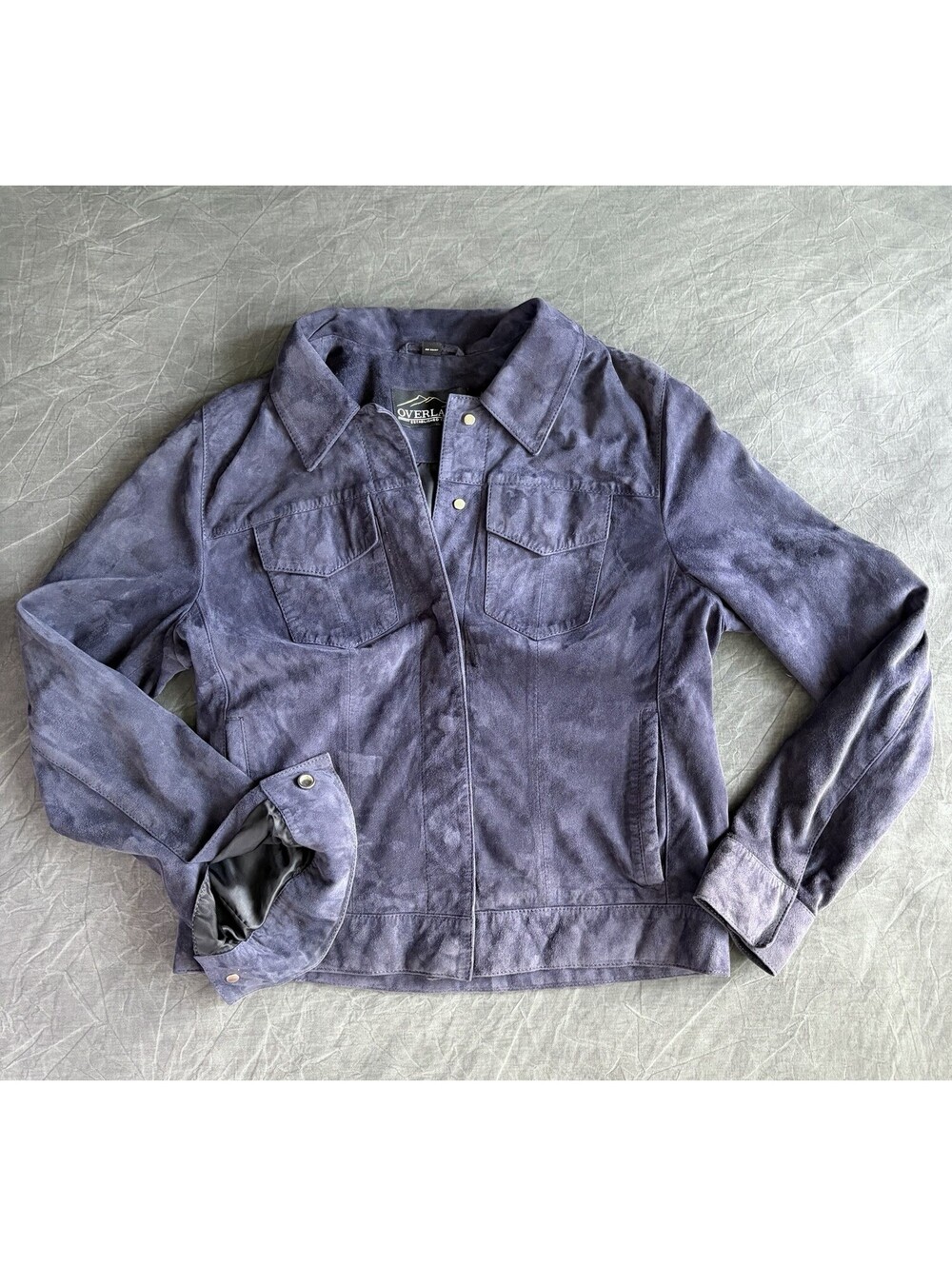 Overland Navy Goat Suede Leather Trucker Jacket Women’s Small Snap Front